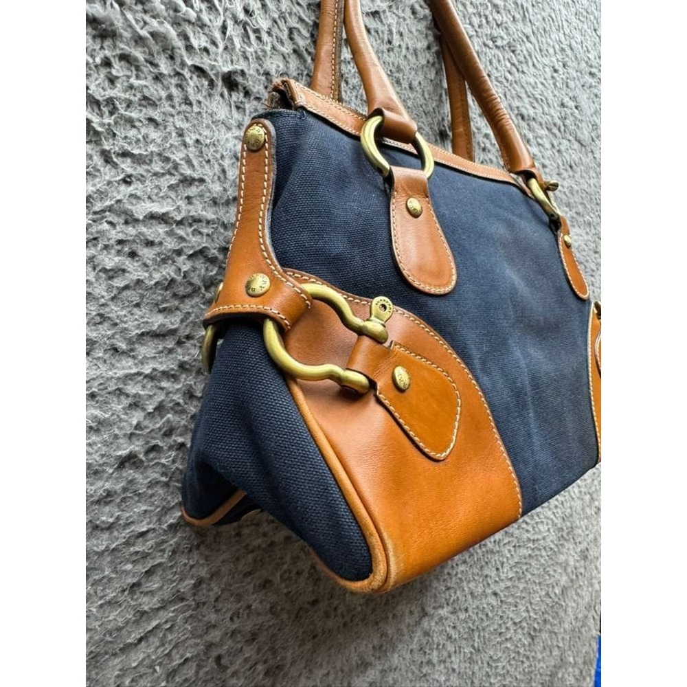 Vintage Burberry London Women' s Canvas Leather Trim Top Handle Bag‎ Navy Blue - Picture 4 of 16